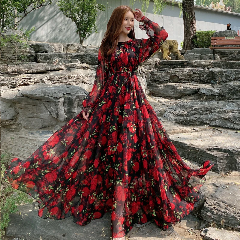 旅拍三亚长裙超长款大码及踝长袖超大裙摆雪纺仙女连衣裙海边沙滩