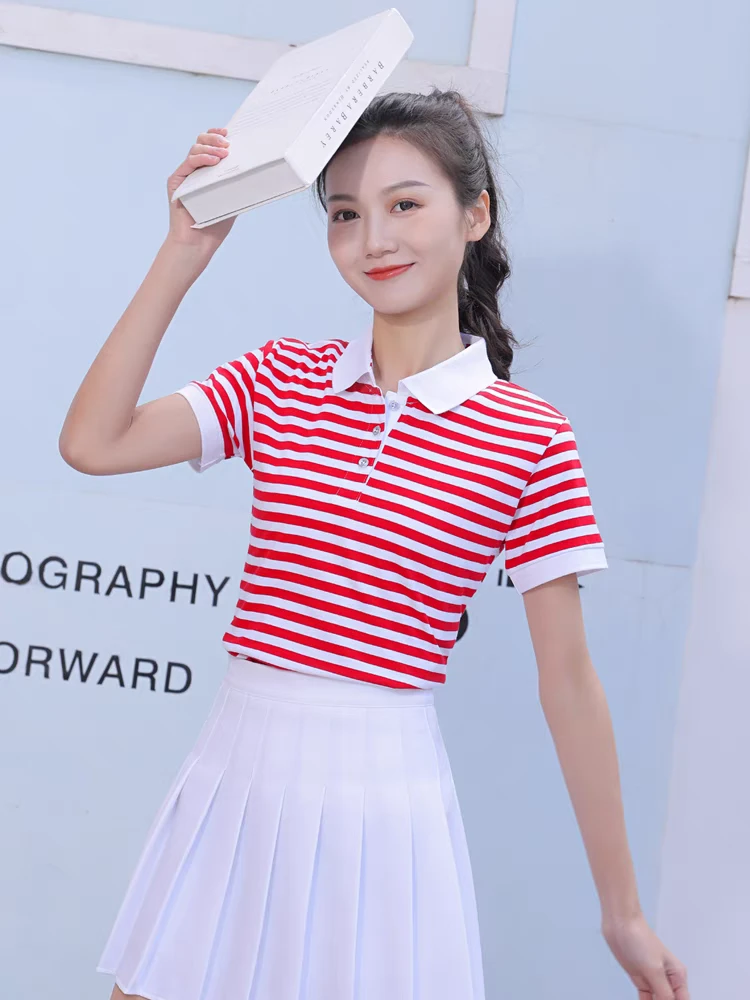丝光棉女装短袖T恤翻领条纹夏季时尚百搭服装学生半袖女款海魂衫