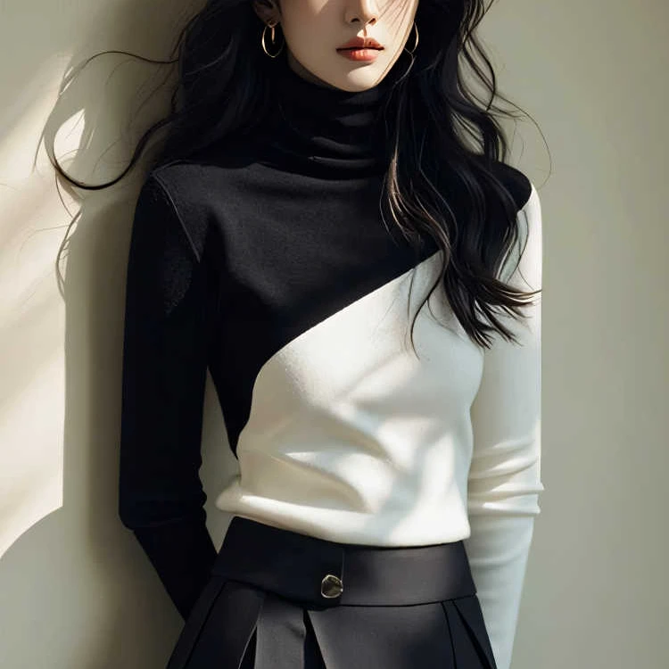 韩系ins高领长袖打底衫黑白撞色德绒洋气高级感外穿内搭上衣女