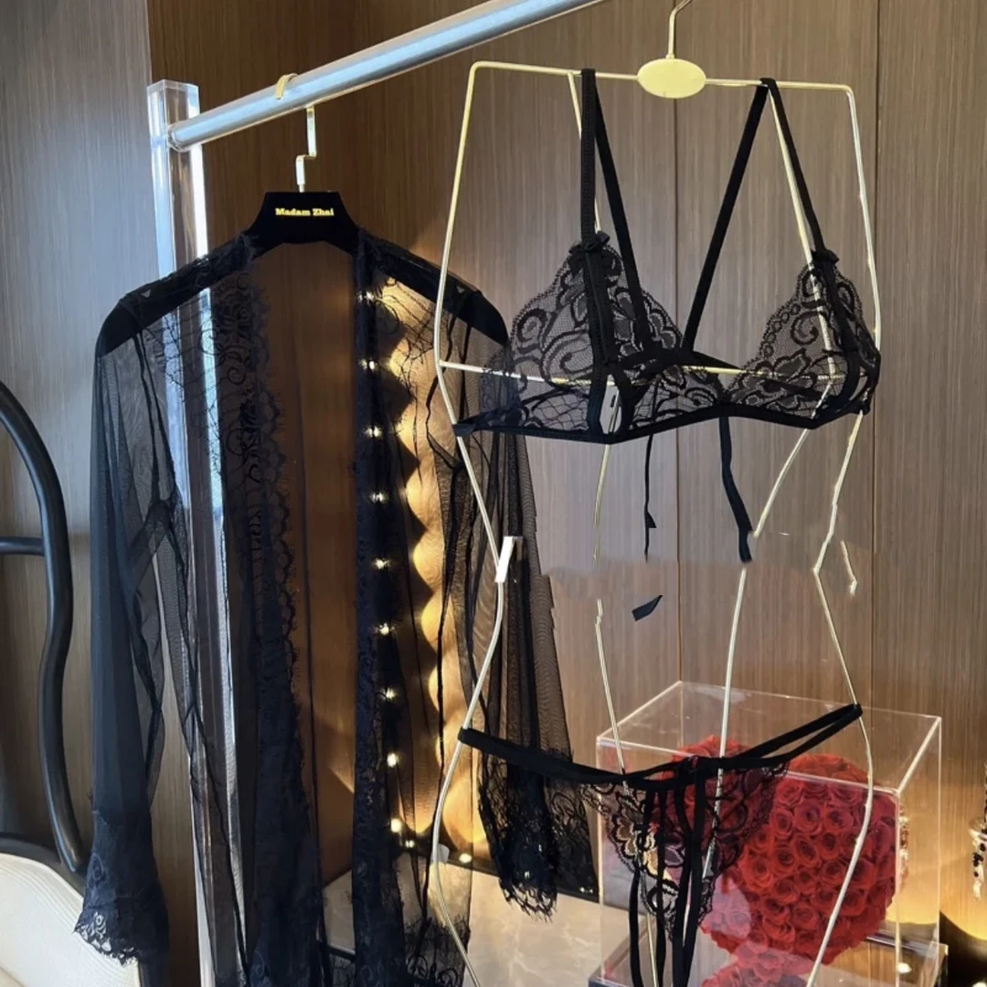 隐秘的快乐*网纱三件套蕾丝睡衣高级感气质睡袍新款