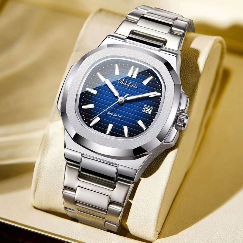 【云仓直发】鹦鹉螺钢蓝男士手表钢带时尚潮流大气防水日历腕表-Y