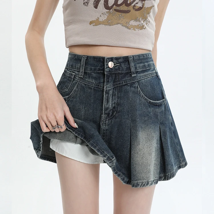 美式复古牛仔短裙女夏季2024新款小个子水洗a字短款百褶裙半身裙