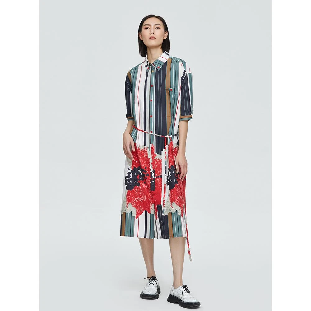 刘刘墨刘刘墨条纹印花宽松衬衫连衣裙女夏2023新款时尚减龄衬衣裙