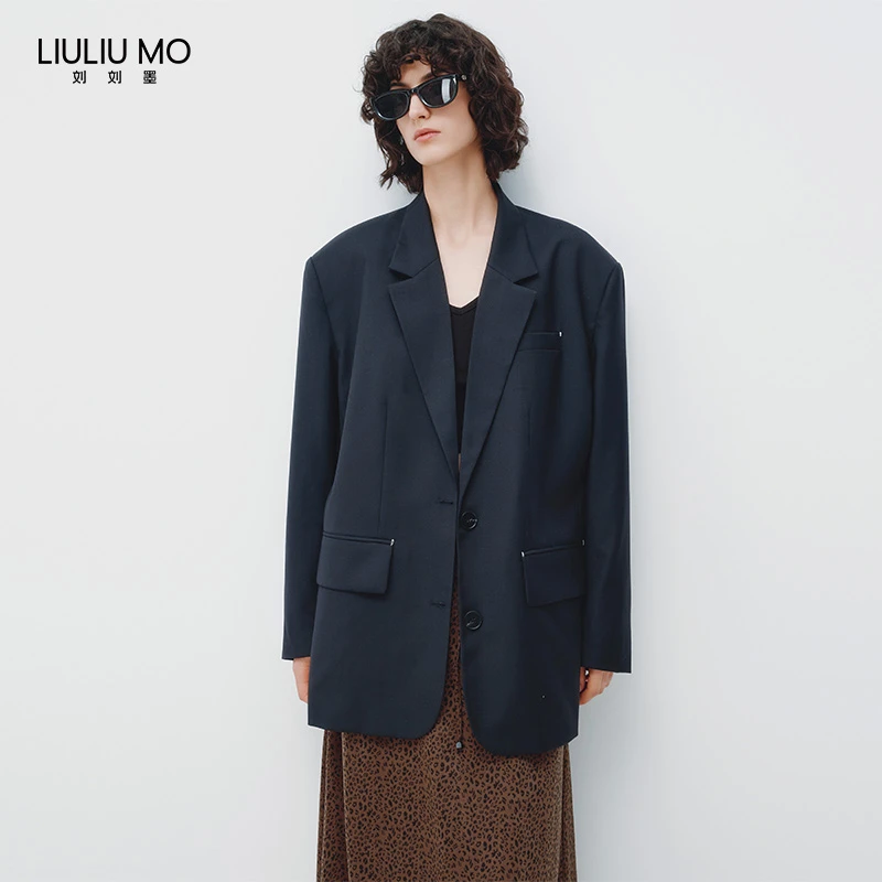 刘刘墨早秋黑色时尚休闲复古设计师小众宽松通勤秋季简约西装外套