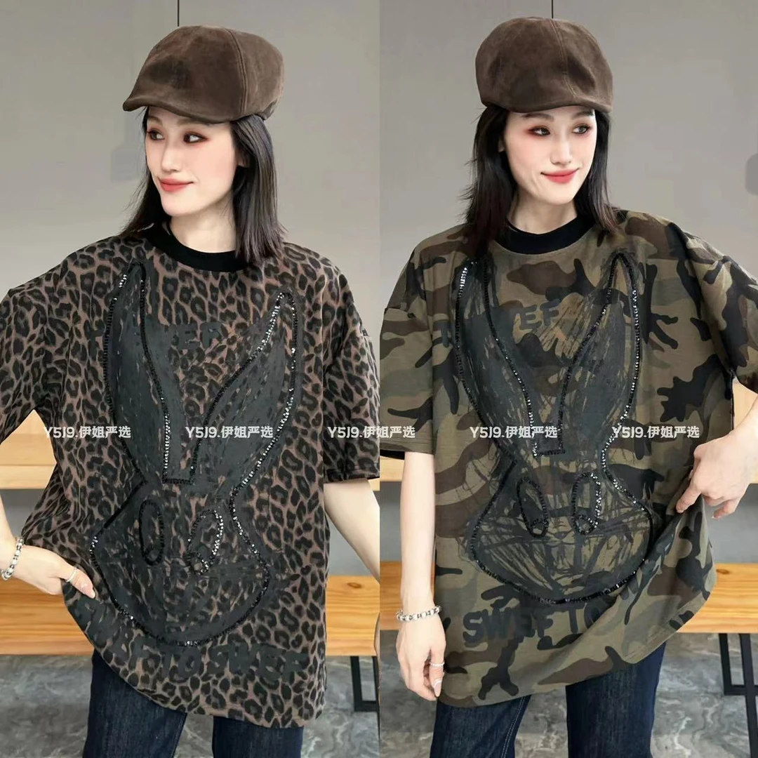 【YJ·高定】2024早秋新款宽松遮肉T恤潮酷卡通迷彩圆领半袖女YY1034