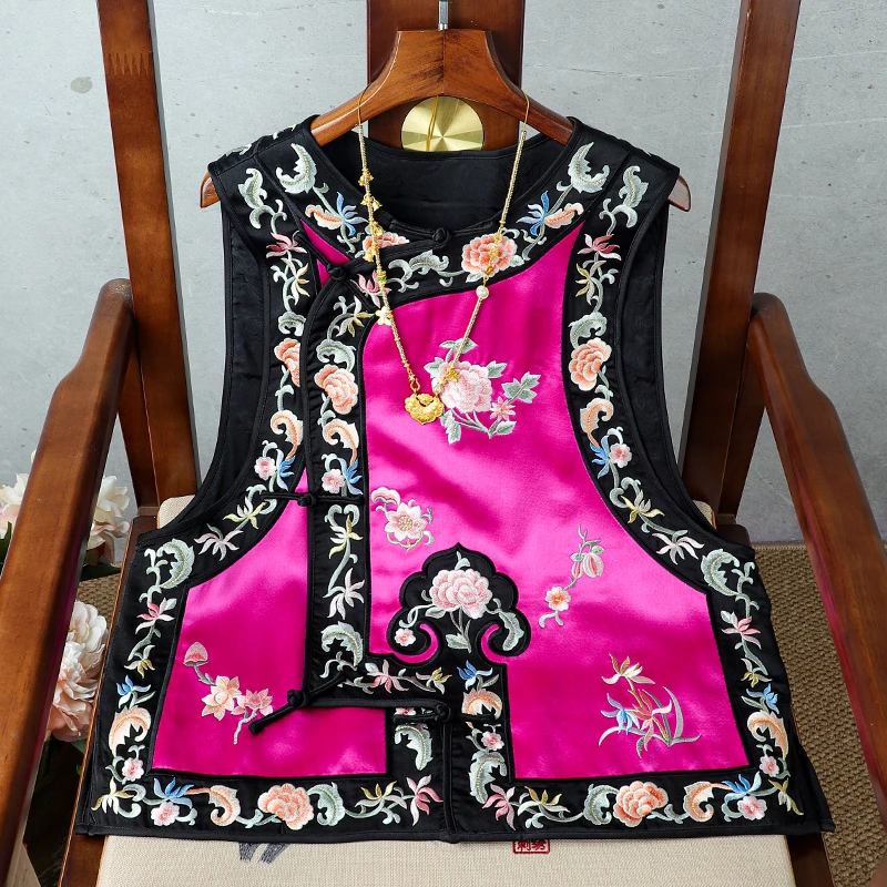 欧货新中式花朵对襟刺绣醋酸马甲女2024春季新款古装国风背心