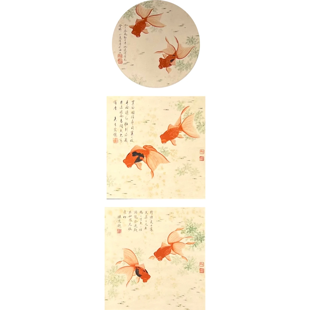 陆小曼、吴青霞、周炼霞--三挖金鱼 25*25cm； 28.5*28.5cm*2