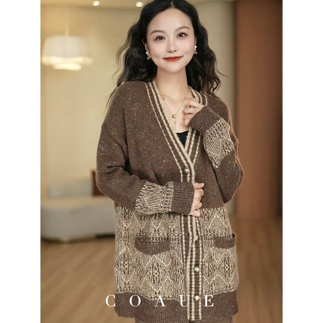 蔻玥COAUE【波西米亚女郎】羊驼毛&马海毛 绵软撞色中长款针织开衫