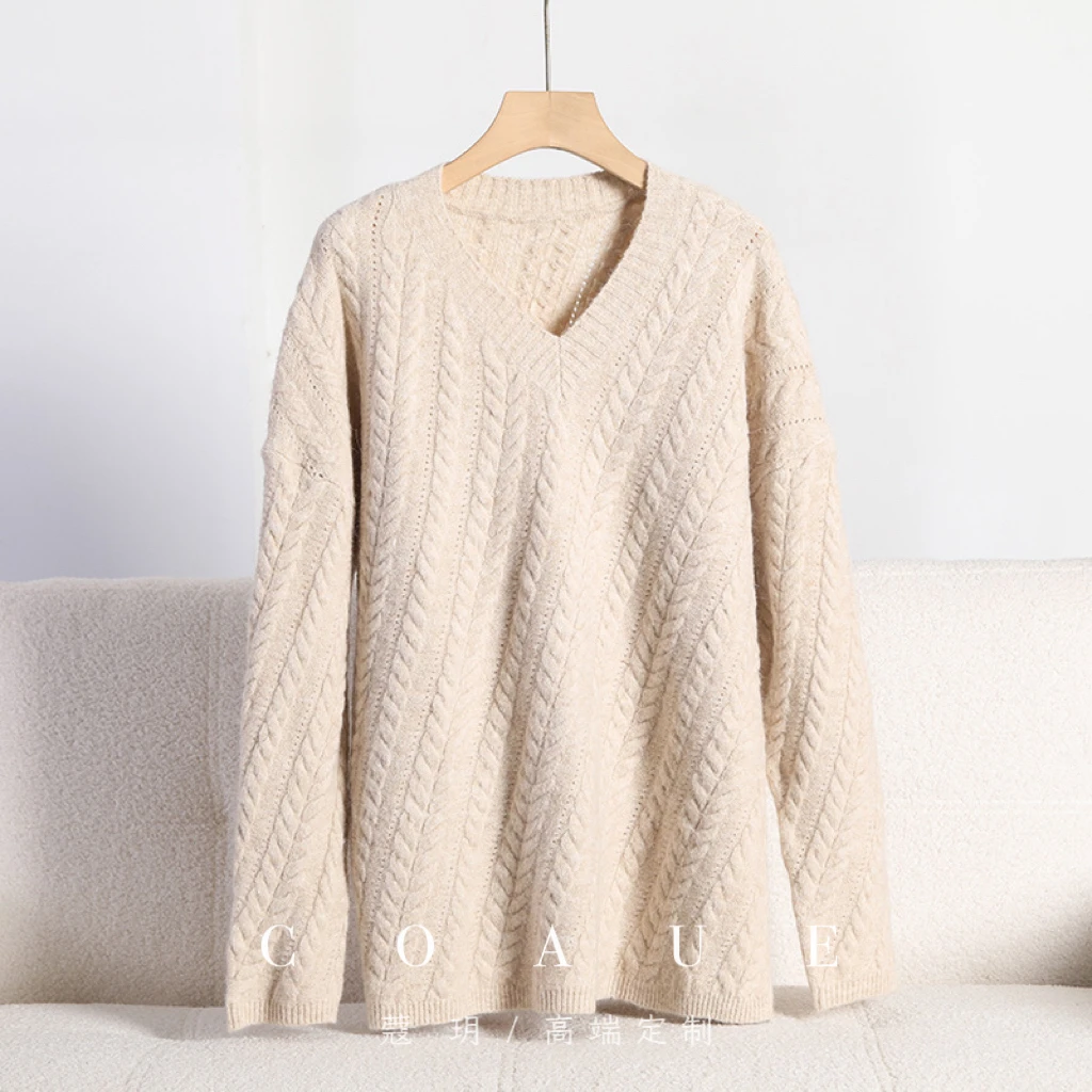 蔻玥COAUE【奶芙】*禾订单！意大利鼎奢羊驼毛V领麻花毛衣针织衫上衣