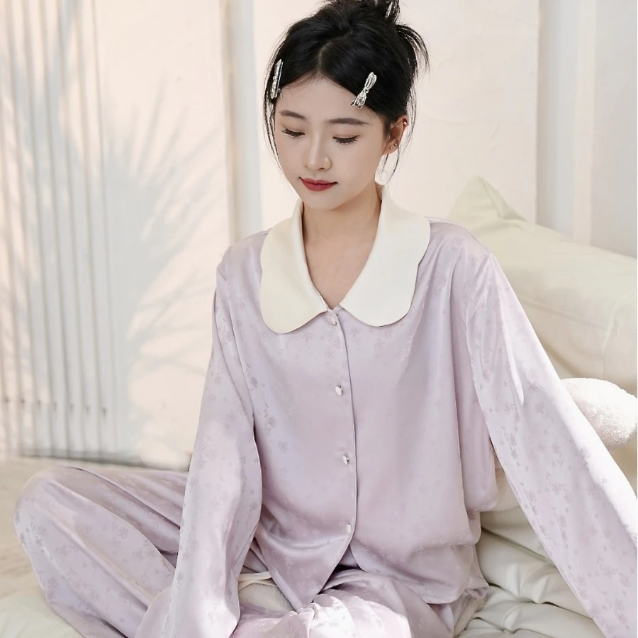 紫韵新中式高级感提花睡衣女春秋季新款长袖冰丝缎面居家家居服