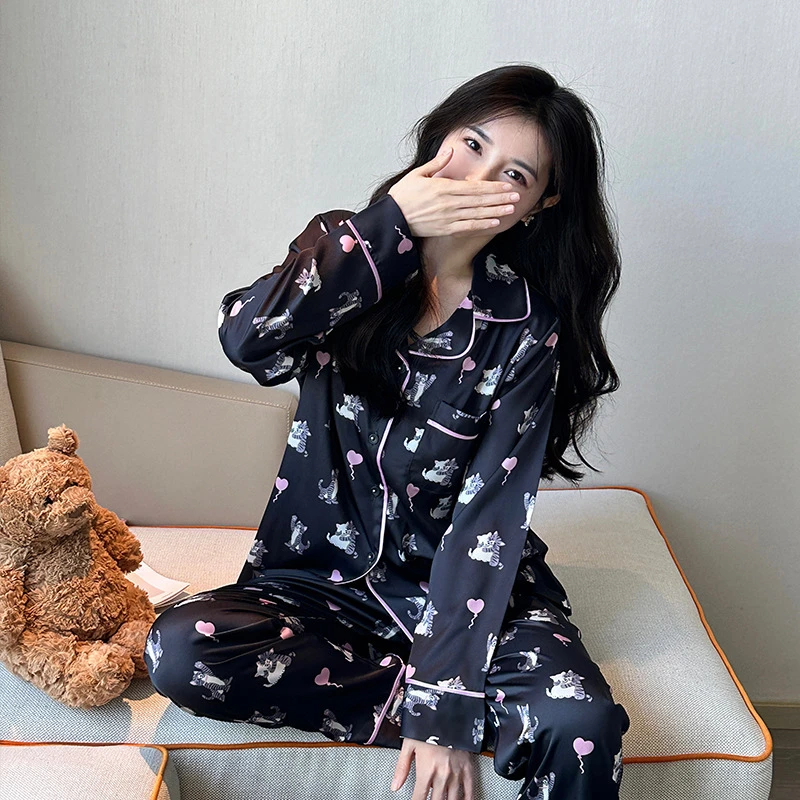 夏季韩版可爱猫咪黑色睡衣冰丝长袖长裤春秋薄款高级感家居服套装