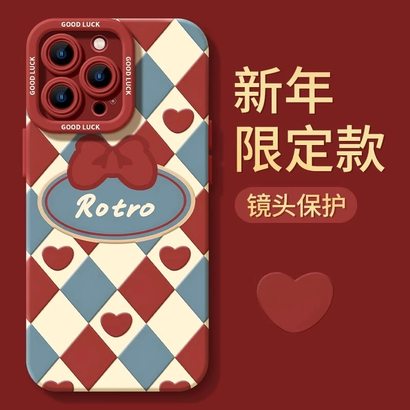 适用苹果14promax手机壳15Promax复古13红色新年iPhone12pro