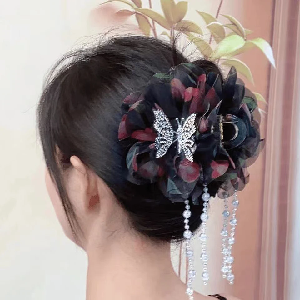 夏季新款发饰百搭蝴蝶流苏抓夹女超仙灵动时尚花朵多层显发量夹子