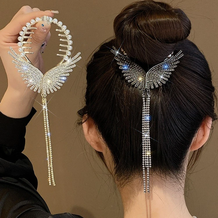 超仙天使翅膀流苏发夹女后脑勺丸子头抓夹盘发神器头饰