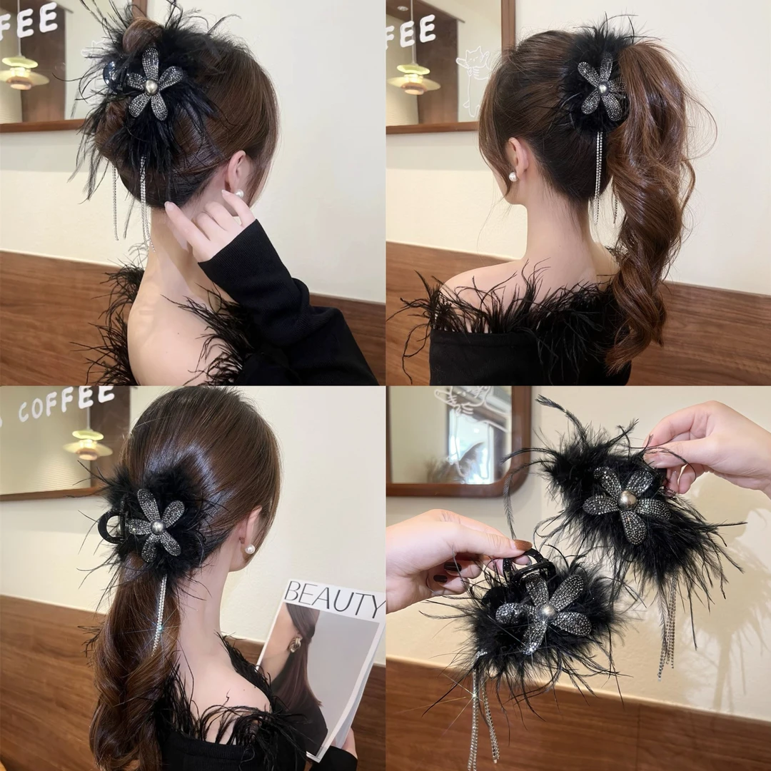 超仙太阳花流苏毛毛抓夹气质轻奢简约盘发鲨鱼夹半扎发卡头饰女