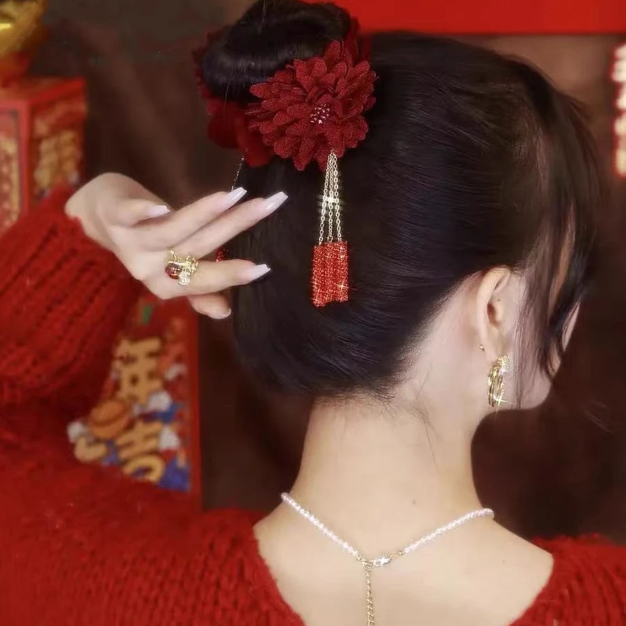 红色吉祥流苏丸子头夹女花爆竹后脑勺头马尾扣夹子春节新年发饰