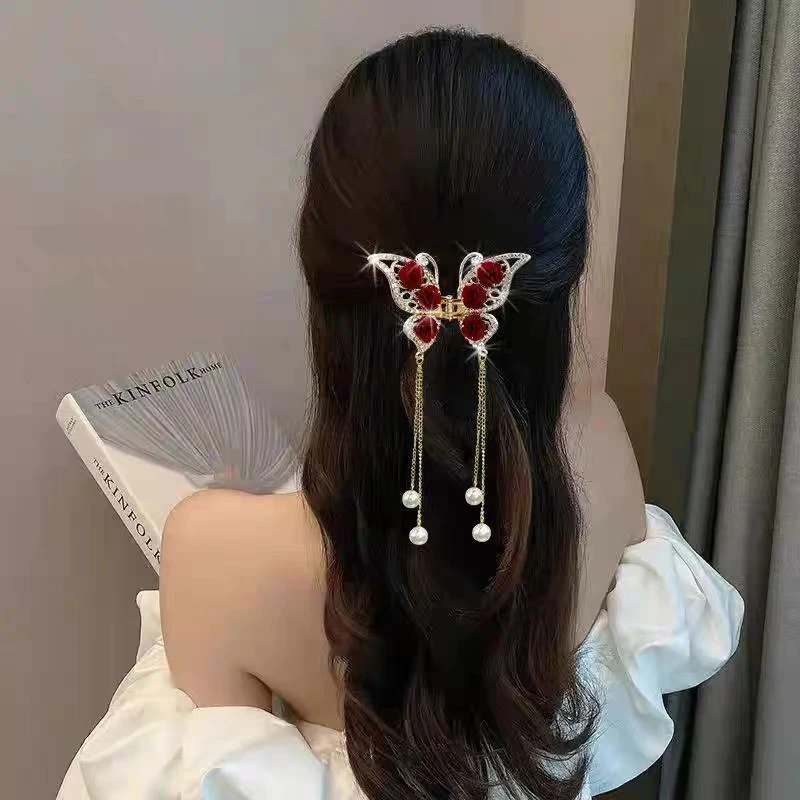 甜美花朵蝴蝶流苏气质发夹气质后脑勺新款头发抓夹高级感鲨鱼夹
