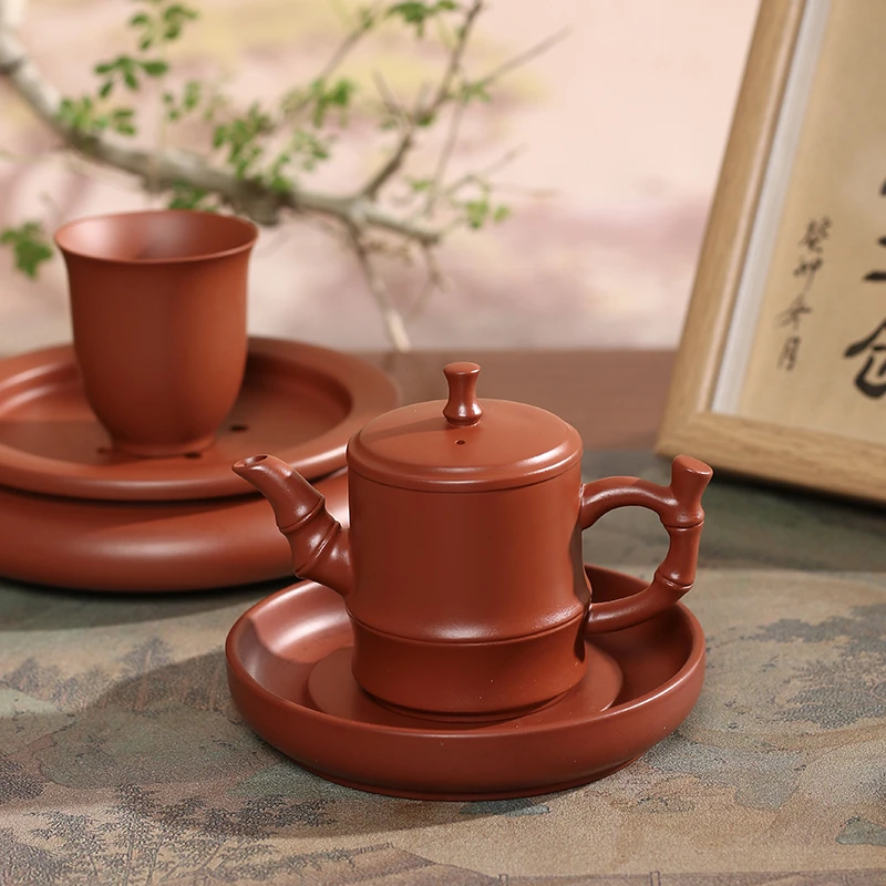 潮州朱泥手拉竹节壶迷你三杯功夫小茶壶纯手工中式全手工复古茶壶