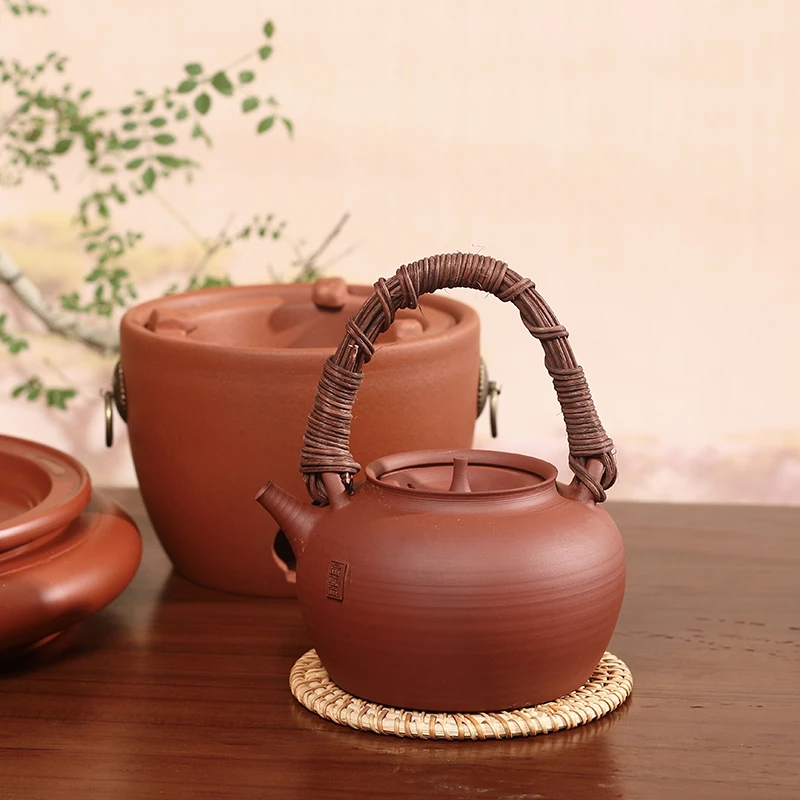 红泥全手工提梁壶砂铫茶室家用户外泡茶煮茶烧水壶家用陶土复古壶