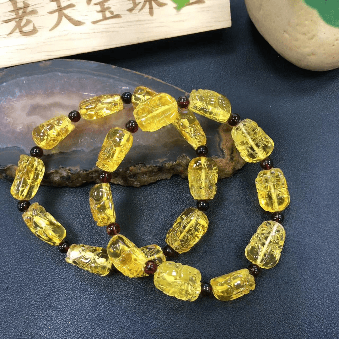 【香港老天宝珠宝】PS1061-高档珠宝-收藏级-红花参珀金珀手串