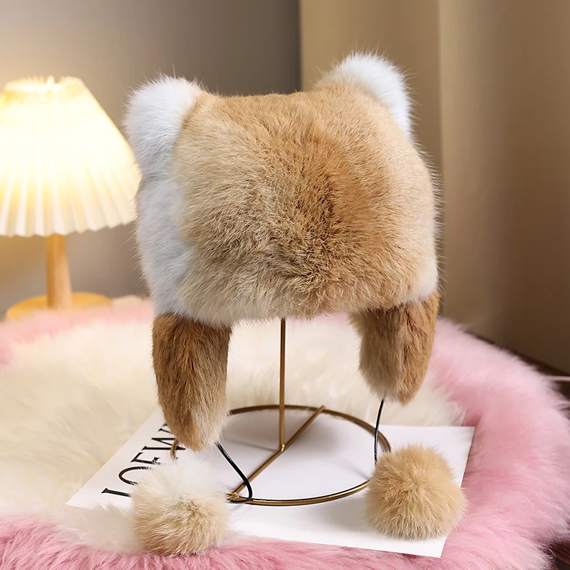 皮草帽子女冬季可爱猫耳朵整皮兔毛保暖护耳帽个性新款