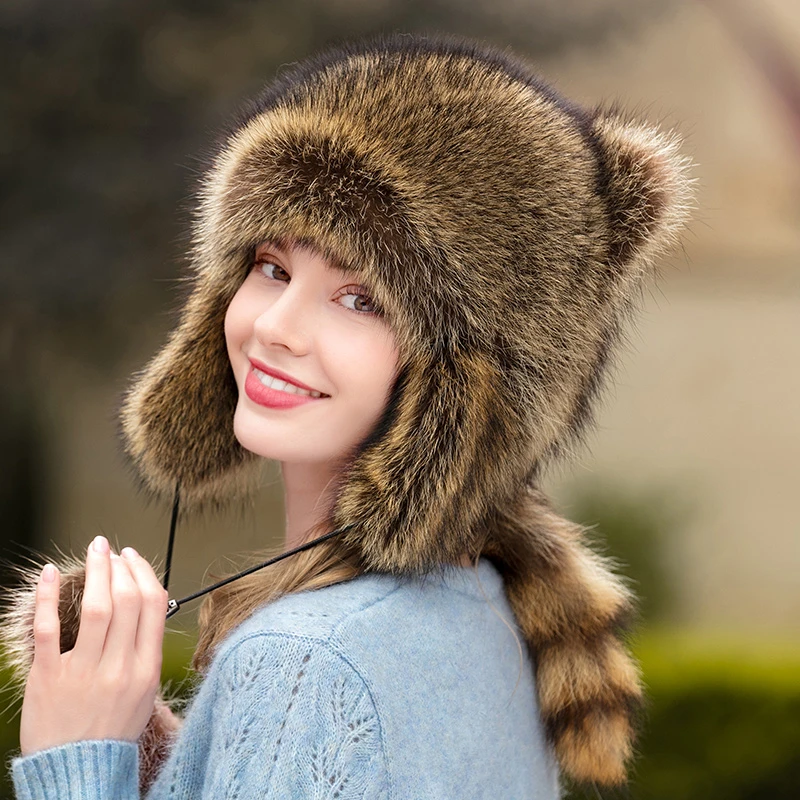 皮草帽子冬季保暖美洲貉子毛护耳帽女户外滑雪时尚耳朵帽防寒