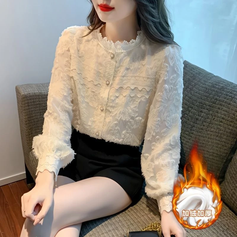 加绒2024春季新款立领蕾丝衫打底衫上衣超仙的衬衫内搭小衫女