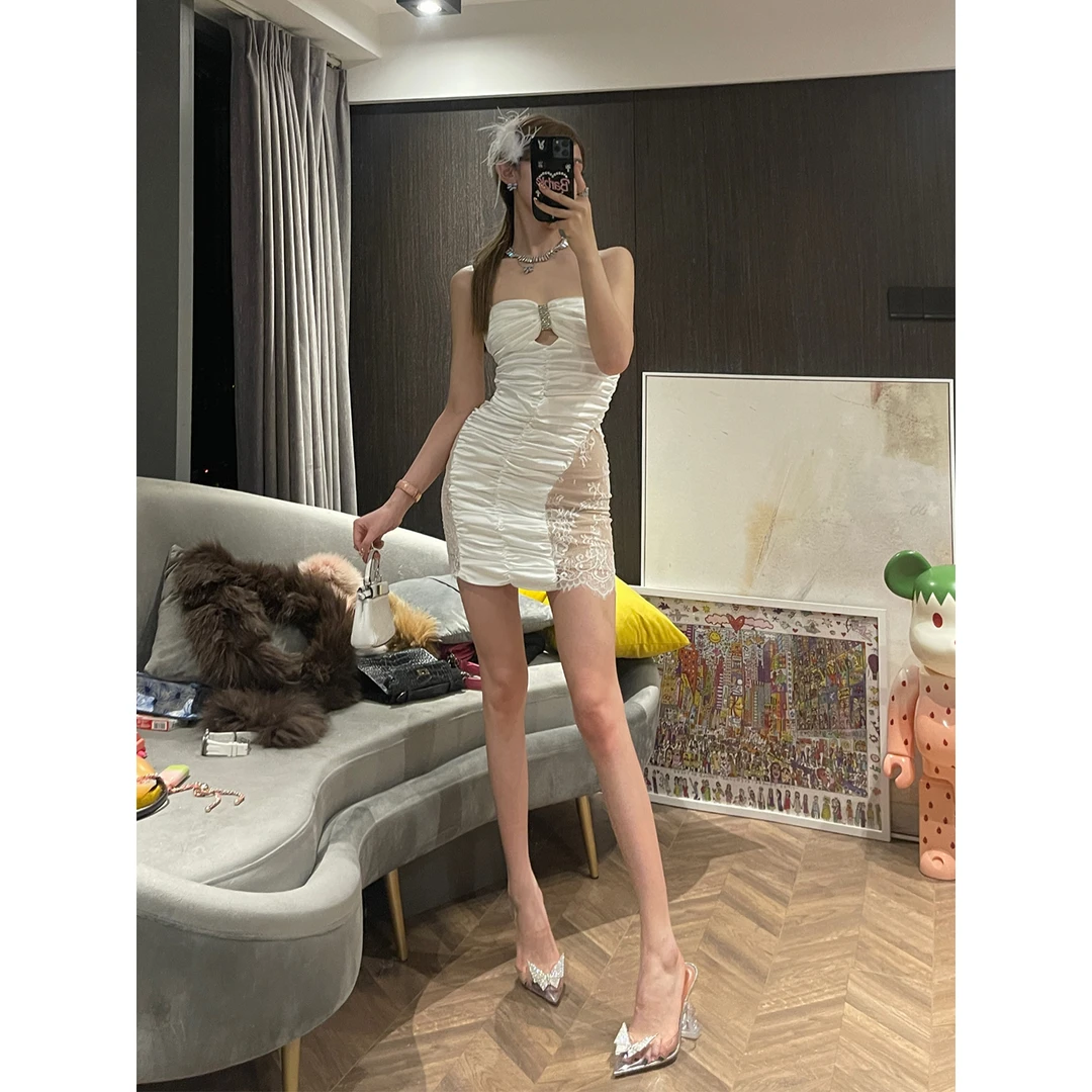ChiclyNana辣妹纯欲风连衣裙百褶抹胸水钻链条包臀拼接蕾丝吊带裙