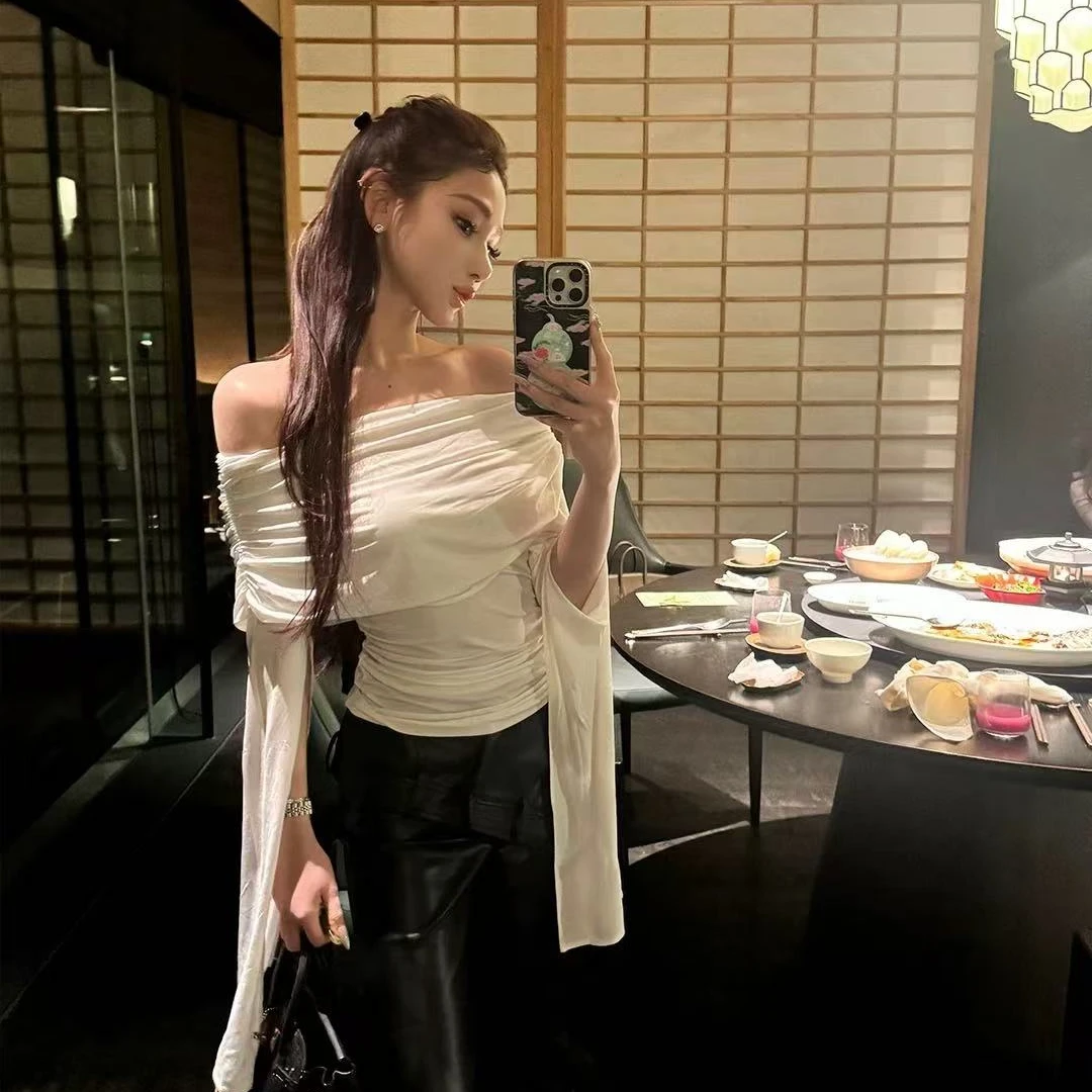 ChiclyNana 美式辣妹风一字露肩上衣开叉袖褶皱修身显瘦长袖T恤女