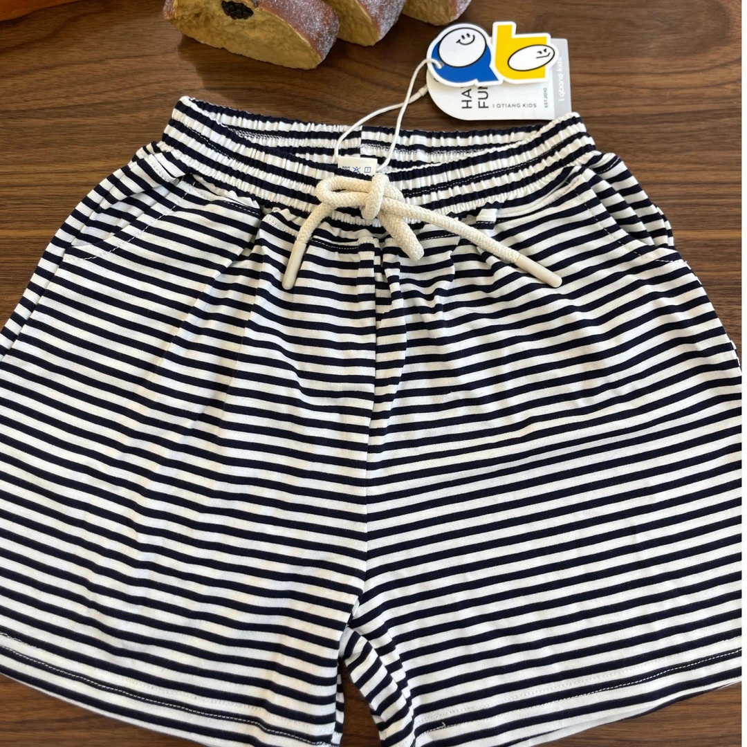 丘棠男童女童条纹短裤2024新款清凉透气柔软亲肤松紧腰抽绳小短裤