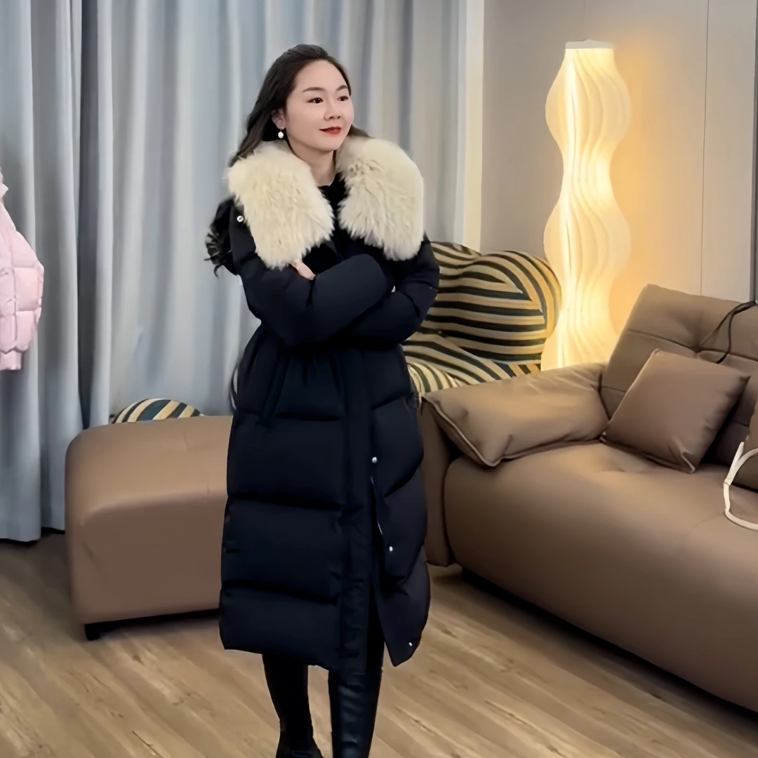 【叶子服饰】冬季新款时尚百搭中长款毛领收腰羽绒服0361