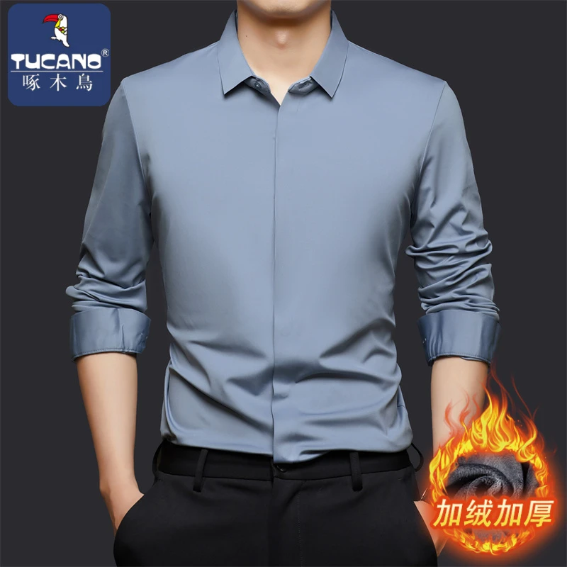 【加绒加厚】啄木鸟暗门襟无痕男长袖休闲衬衫商务免烫休闲保暖衬衣