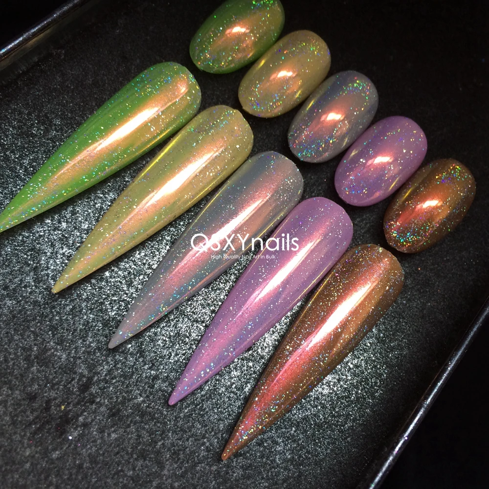 星空系炫红橙美甲极光粉带镭射粉片冰透底幻彩变色龙超亮镜面指甲