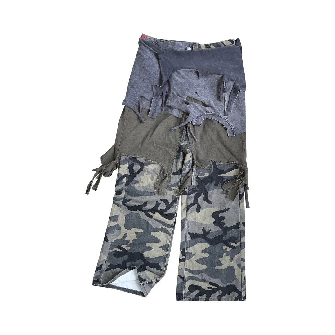 YBSxTAITM糜烂做旧拼接假三件围裙叠穿迷彩宽松长工装流浪裤