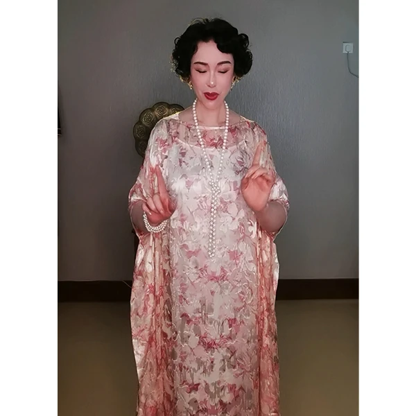 23-1-6时尚粉色花飘洒连衣裙新中式连衣裙夏季国风长款中国风