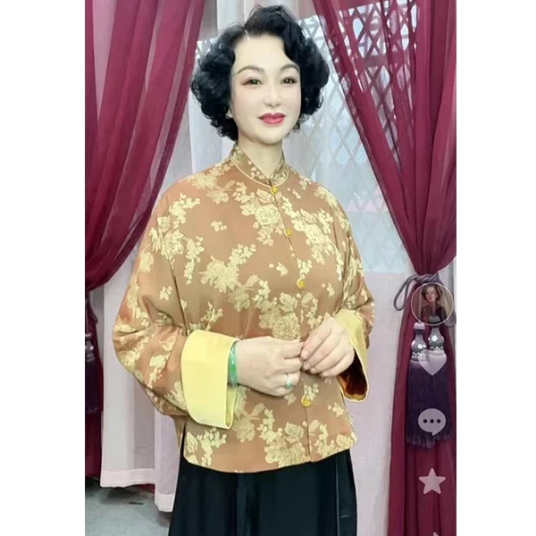 中式宽松提花加印花国风长袖小上衣