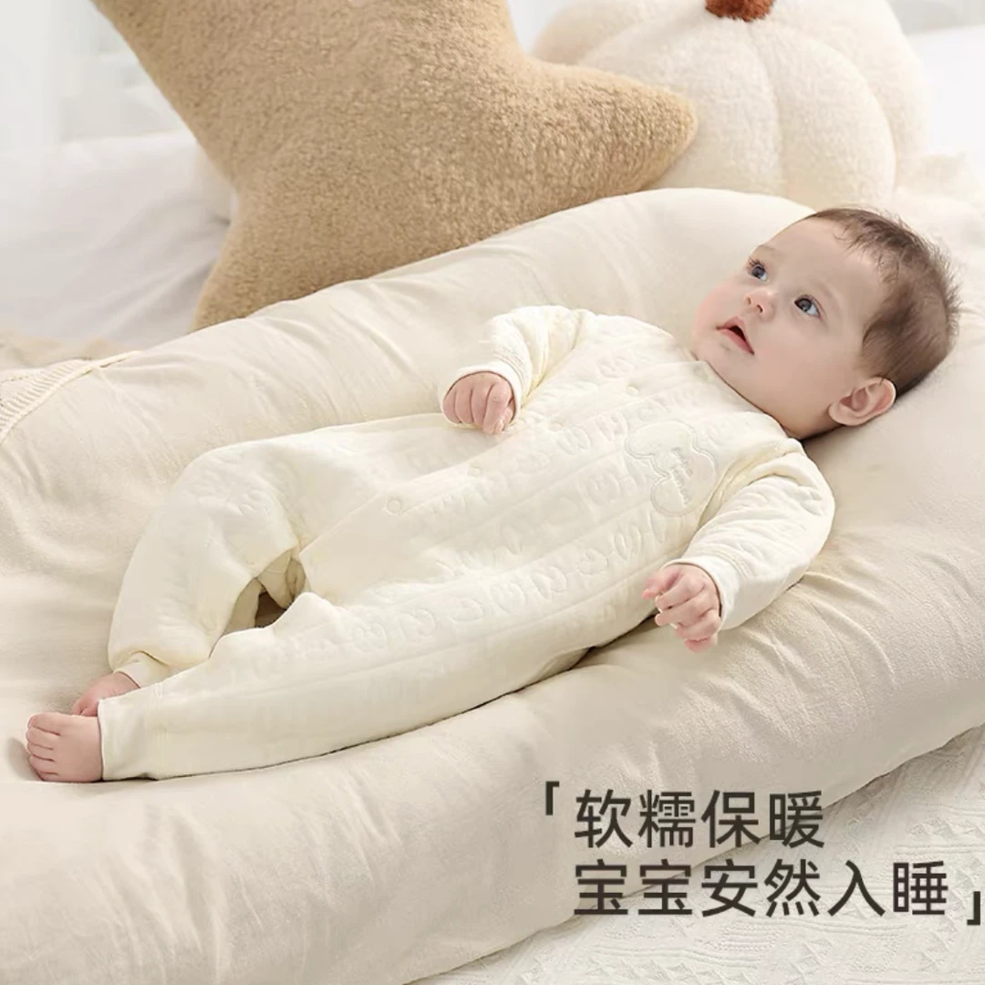 空气棉婴幼儿连体爬服三层保暖纯 棉无骨长袖闭裆春秋冬季哈衣