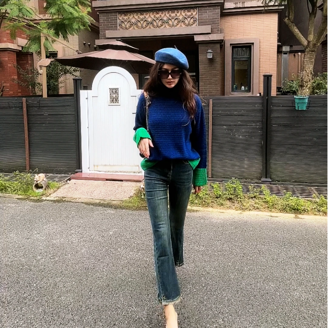 福利款超大弹力小流苏边九分牛仔裤