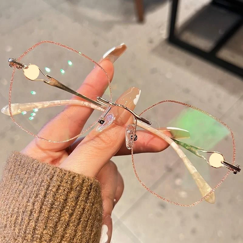 高档时尚无框切边防蓝光老花镜女款网红爆款金属边框镶钻老花镜