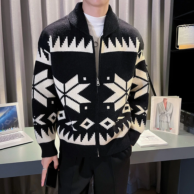 男士毛衣开衫秋冬季2025新款爆款几何提花痞帅潮牌男装针织衫外套