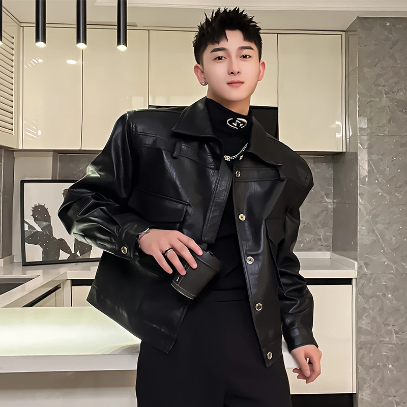 外套男春秋2023新款设计感垫肩潮牌男装高档痞帅男士pu皮机车夹克