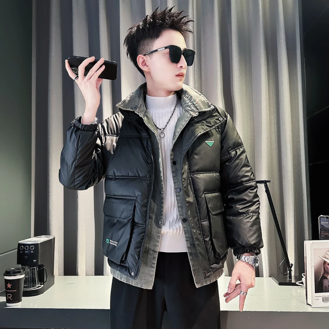 假两件牛仔拼接棉服男款冬季2024新款爆款立领棉袄子男士棉衣外套