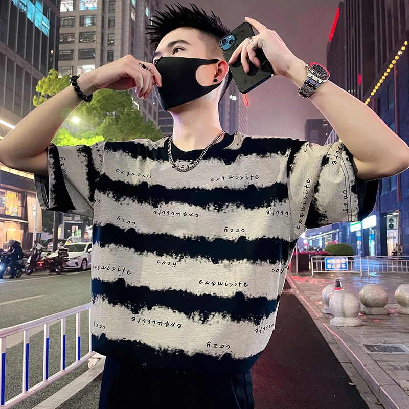 条纹男士短袖t恤夏季男装衣服半袖爆款2025新款潮牌网红圆领体恤