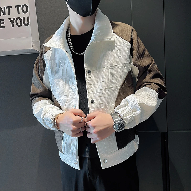 男士外套春秋爆款2025新款高档拼色痞帅翻领夹克潮牌男装休闲上衣