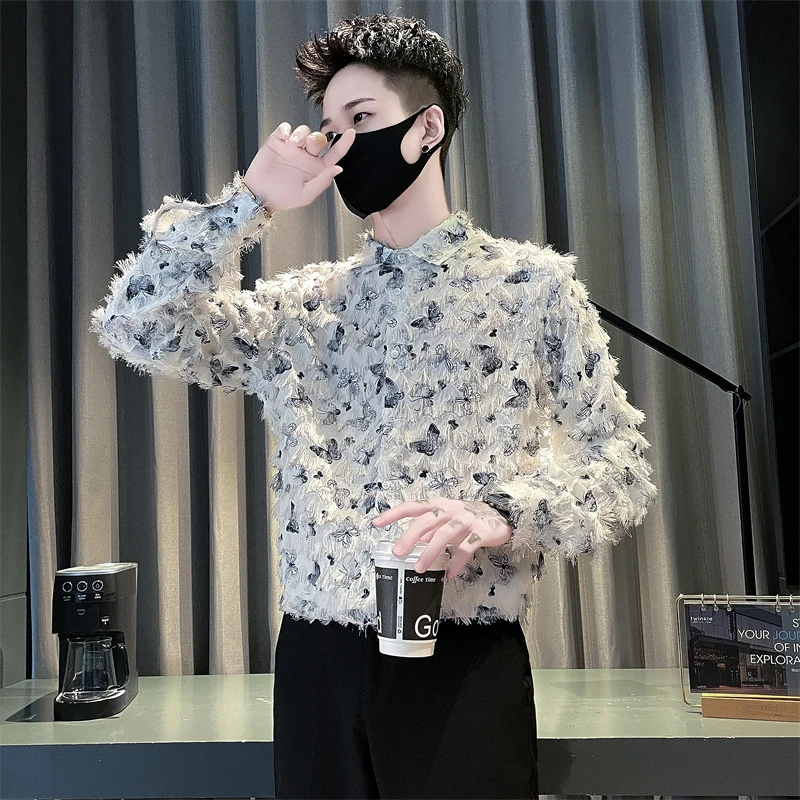 男士长袖衬衫秋季2025新款蝴蝶流苏潮牌男装寸衫痞帅网红休闲衬衣