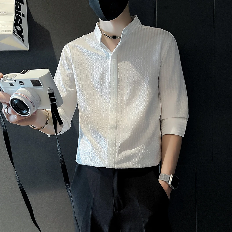 男士短袖衬衫夏季薄款2024新款高级感痞帅男装夏天中袖休闲衬衣