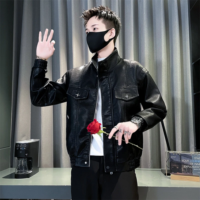 男士皮衣春秋季2024新款爆款高档痞帅潮牌男装上衣立领皮夹克外套