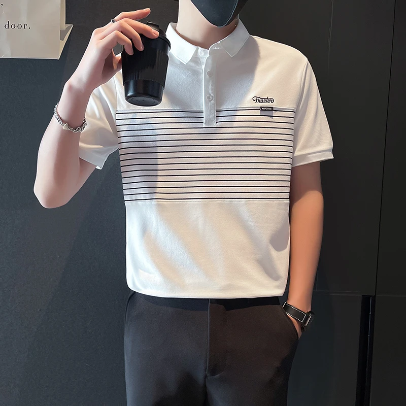 条纹翻领polo衫男士夏季2023新款男装衣服潮牌半截袖痞帅短袖T恤