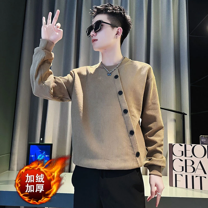 男士加绒卫衣秋冬季2024新款爆款痞帅排扣拼接长袖打底衫男装外套