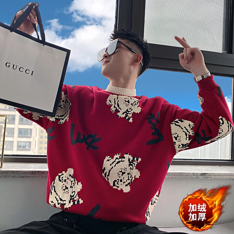 红色卫衣男士秋冬季2023新款爆款印花青少年潮牌男装加绒加厚外套